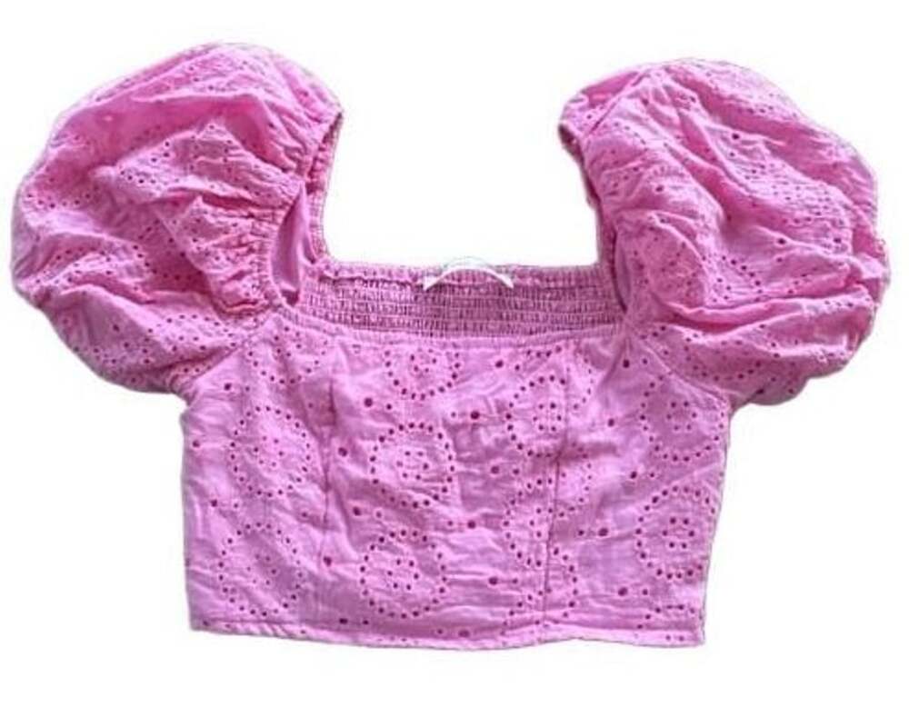 Altar'd State Pink Eyelet Smocked Puff Sleeve Crop Top